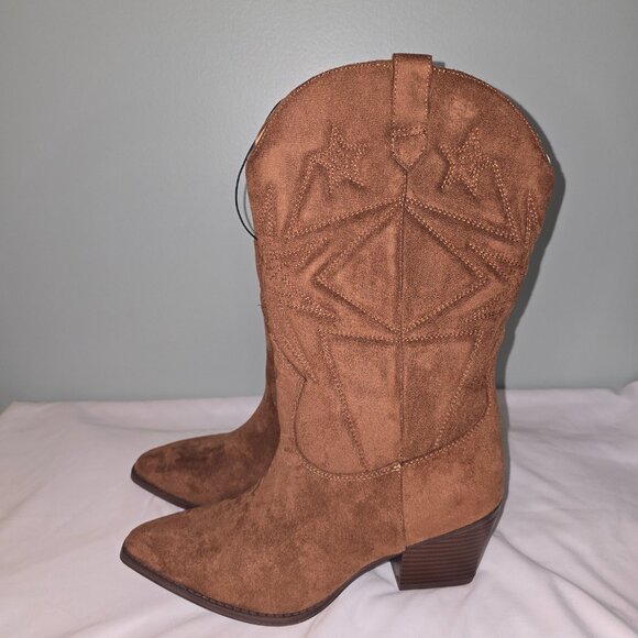 Time and Tru Women's Faux Suede Embroidered Western Boots Cognac, Sz 9 wide, NIB - Picture 5 of 8